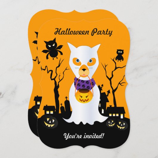 ハロウィーン幽霊の犬の子供はトリックや治療に行く 招待状 (正面/裏面)