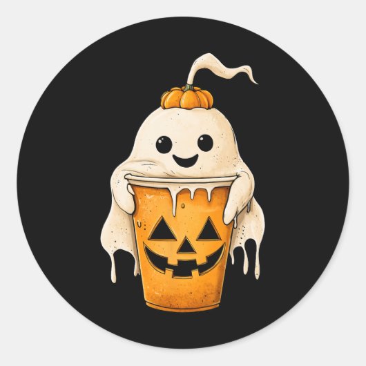 ハロウィーン幽霊アイスコーヒーとカボチャおもしろいスポック ラウンドシール (正面)