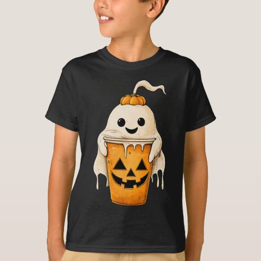 ハロウィーン幽霊アイスコーヒーとカボチャおもしろいスポック Tシャツ (正面)