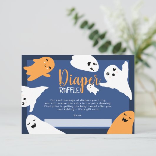 ハロウィーン幽霊オレンジ色おむつラッフルベビーシャワー エンクロージャーカード (スタンド正面)