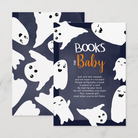 ハロウィーン幽霊オレンジ色の青い本ベビー エンクロージャーカード (正面/裏面)