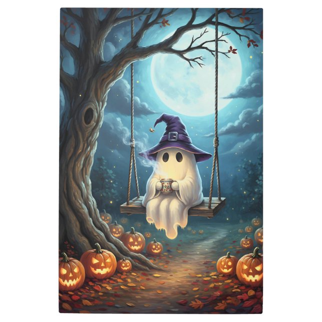 ハロウィーン幽霊オンスイングwithコーヒー メタルプリント (正面)