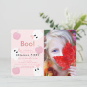 ハロウィーン幽霊ガールガールパンプキンピンクフォト誕生日 招待状 (スタンド正面)