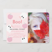 ハロウィーン幽霊ガールガールパンプキンピンクフォト誕生日 招待状 (正面)