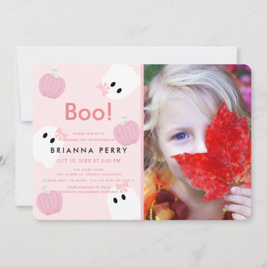 ハロウィーン幽霊ガールガールパンプキンピンクフォト誕生日 招待状 (正面)