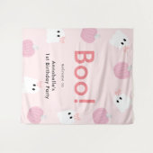 ハロウィーン幽霊ガールガールパンプキンピンク誕生日へようこそ タペストリー (正面(横))