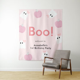 ハロウィーン幽霊ガールガールパンプキンピンク誕生日へようこそ タペストリー