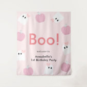 ハロウィーン幽霊ガールガールパンプキンピンク誕生日へようこそ タペストリー (正面)