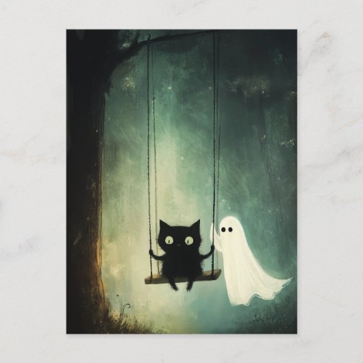 ハロウィーン幽霊キャットオンスイング ポストカード (正面)