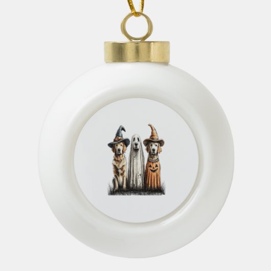 ハロウィーン幽霊ゴールデンレトリバードッグ セラミックボールオーナメント (正面)