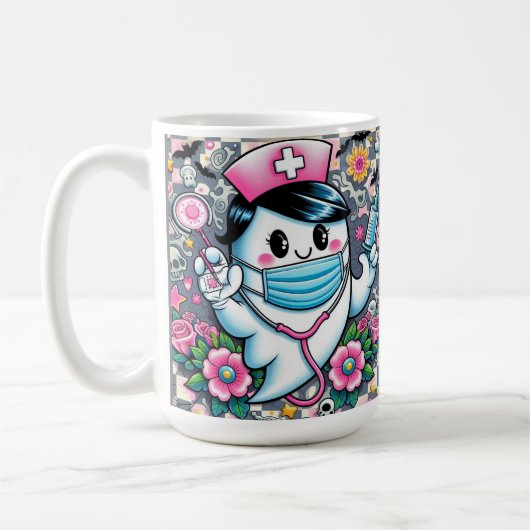 ハロウィーン幽霊ナースとマスクとシリンジ コーヒーマグカップ (左)