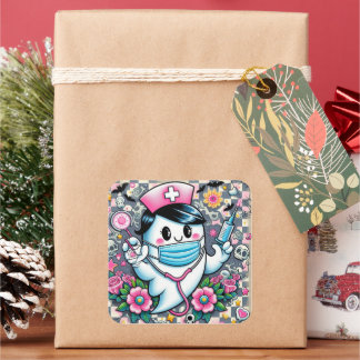 ハロウィーン幽霊ナースとマスクとシリンジ スクエアシール