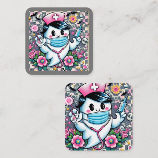 ハロウィーン幽霊ナースとマスクとシリンジ スクエア名刺 (正面/裏面)