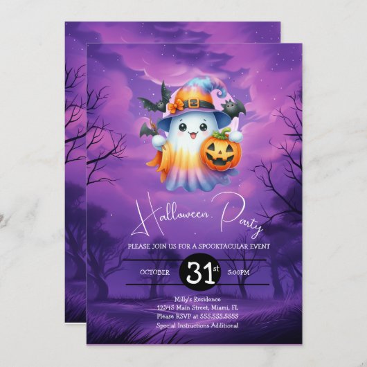 ハロウィーン幽霊ネオンバースデーパーティー 招待状 (正面/裏面)