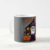 ハロウィーン幽霊ハウス，カボチャ，魔女，こうもり コーヒーマグカップ (正面左)