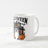 ハロウィーン幽霊ハウス，カボチャ，魔女，こうもり コーヒーマグカップ (正面右)