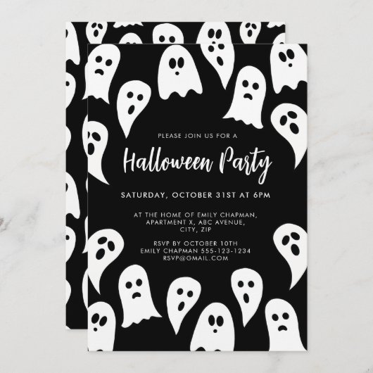 ハロウィーン幽霊パーティー白黒 招待状 (正面/裏面)