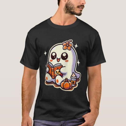 ハロウィーン幽霊ブックコーヒーカボチャ秋かわいいRe Tシャツ (正面)