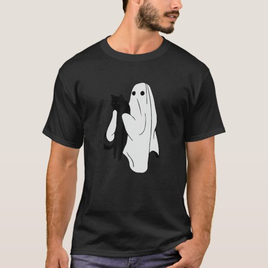 ハロウィーン幽霊ホールディングブラックキャットラブシー不気味ズ Tシャツ (正面)
