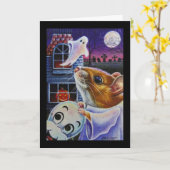 ハロウィーン幽霊マウスヴィンテージマスクウォーターカラーアート カード (黄色い花)