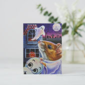 ハロウィーン幽霊マウスヴィンテージマスクウォーターカラーアート ポストカード (スタンド正面)