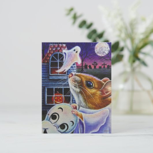 ハロウィーン幽霊マウスヴィンテージマスクウォーターカラーアート ポストカード (スタンド正面)