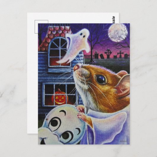 ハロウィーン幽霊マウスヴィンテージマスクウォーターカラーアート ポストカード (正面/裏面)