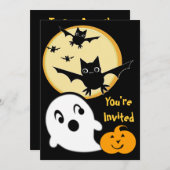 ハロウィーン幽霊&こうもりキッドのパーティの招待状 招待状 (正面/裏面)