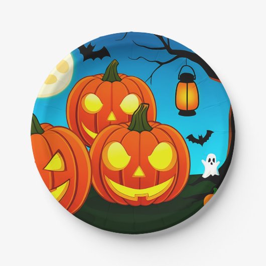 ハロウィーン幽霊、カボチャ、こうもり ペーパープレート (正面)