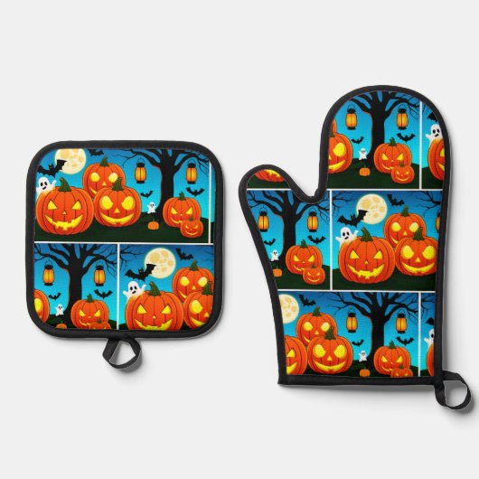 ハロウィーン幽霊、カボチャ、こうもり 鍋つかみ&鍋敷きセット (正面)