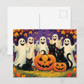 ハロウィーン幽霊、ネコとカボチャ シーズンポストカード (正面/裏面)