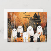 ハロウィーン幽霊、黒猫、こうもり。 シーズンポストカード (正面/裏面)