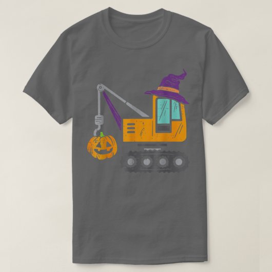 ハロウィーン建築車両クレーントラックパンプキン Tシャツ (デザイン正面)