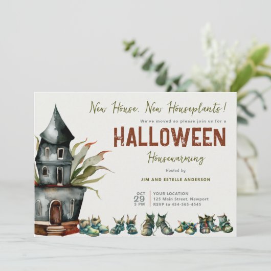 ハロウィーン引っ越し祝いパーティーパーティー植物靴テラコッタ 招待状 (スタンド正面)