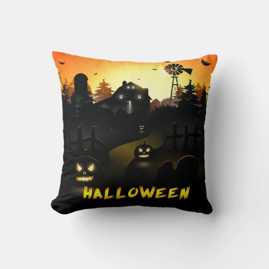 ハロウィーン怖いカボチャのシーン クッション (正面)