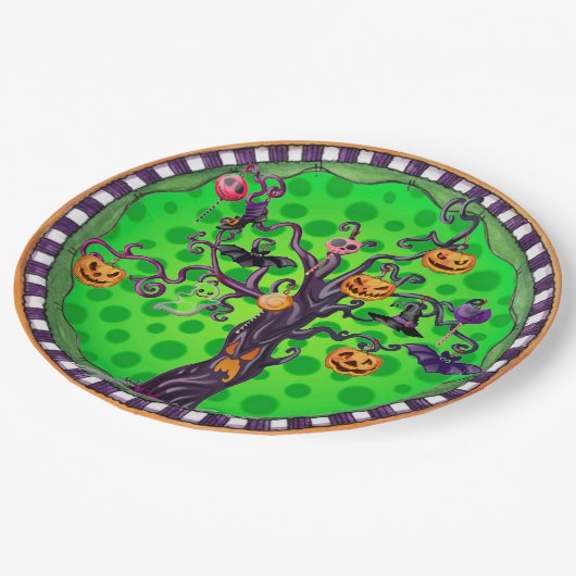 ハロウィーン怖いカボチャの木 ペーパープレート (アングル)