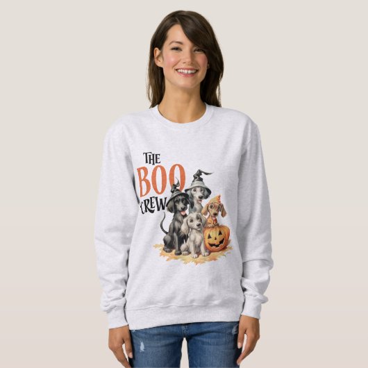 ハロウィーン怖いブー犬クルー不気味女性 スウェットシャツ (正面フル)