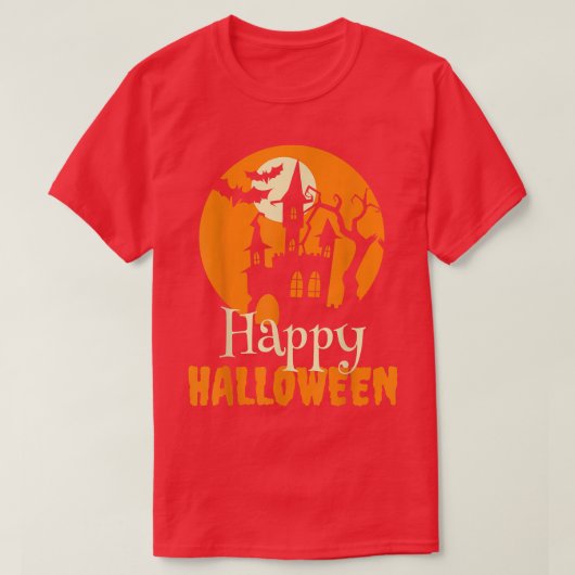 ハロウィーン怖い不気味な家とこうもりとムーンSi Tシャツ (デザイン正面)