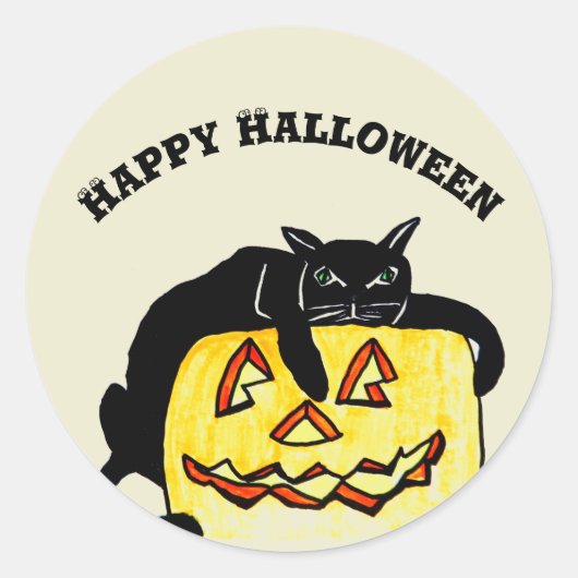 ハロウィーン怠け者の黒猫ステッカー ラウンドシール (正面)