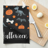 ハロウィーン恐竜のスケルトンこうもり&カボチャ キッチンタオル (四つ折り)