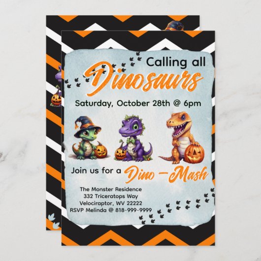 ハロウィーン恐竜ディノマシュパーティー 招待状 (正面/裏面)