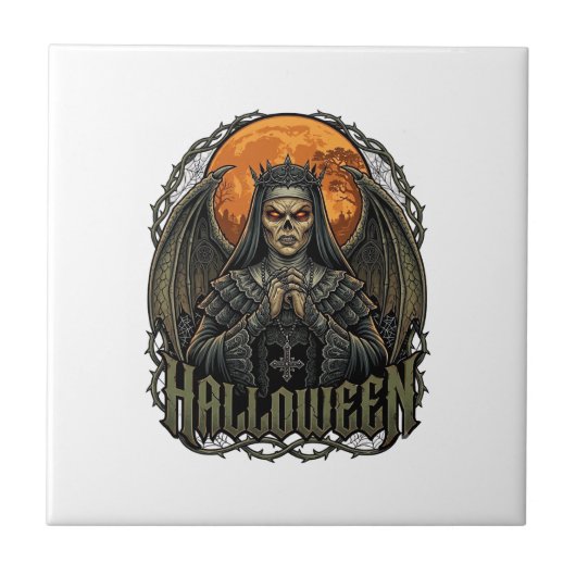 ハロウィーン悪魔修道女クラウン翼オレンジ月_1 タイル (正面)