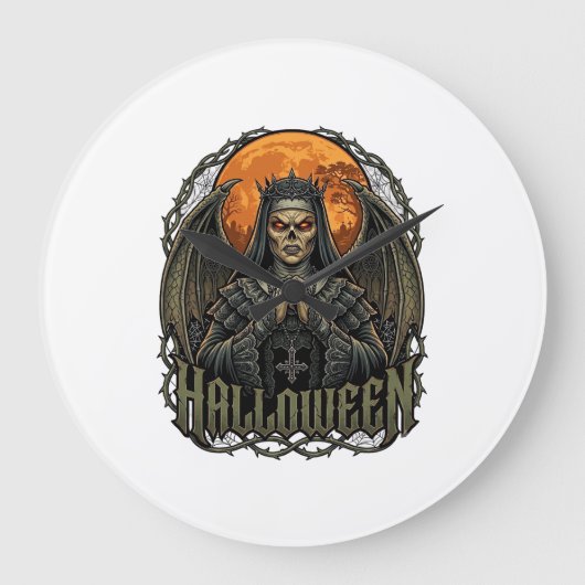 ハロウィーン悪魔修道女クラウン翼オレンジ月_1 ラージ壁時計 (正面)