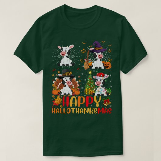ハロウィーン感謝祭クリスマスキャトルハロサンキュー Tシャツ (デザイン正面)