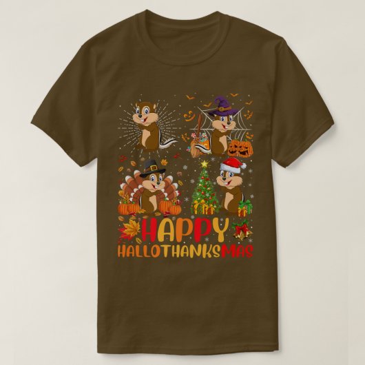 ハロウィーン感謝祭クリスマスチップムンクハロタ Tシャツ (デザイン正面)
