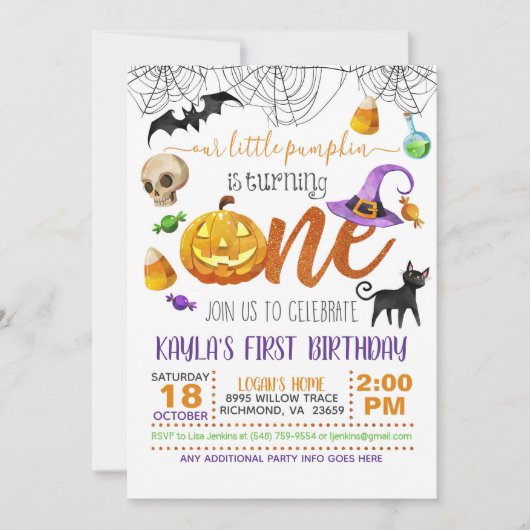 ハロウィーン我々の小さなカボチャは1を回している 招待状 (正面)