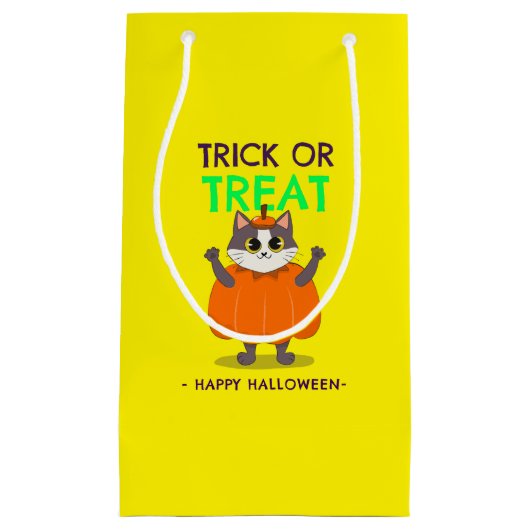 ハロウィーン抱き枕、黄色のカボチャの猫 スモールペーパーバッグ (正面)