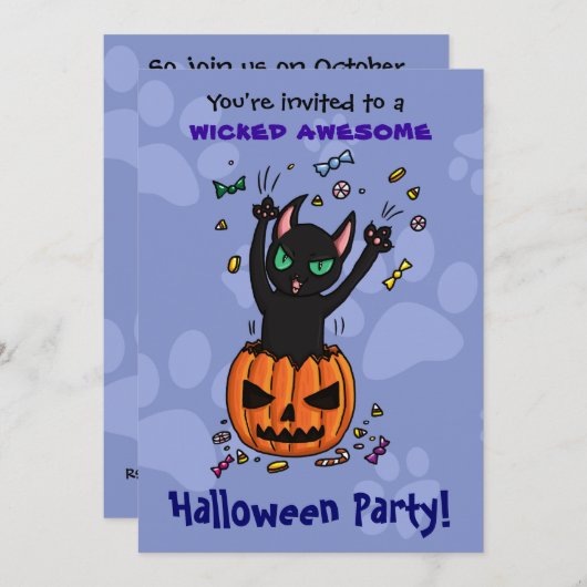 ハロウィーン招待状の黒猫がカボチャから飛び降りる 招待状 (正面/裏面)