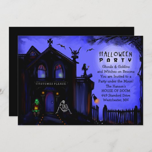 ハロウィーン招待状-幽霊のよく出るハウスハローウィンパーティ 招待状 (正面/裏面)