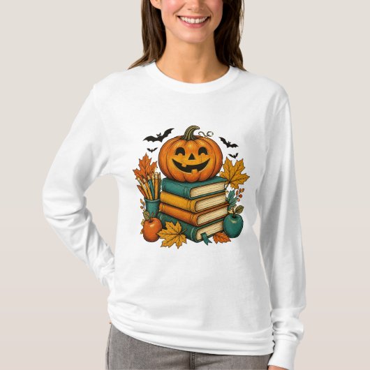ハロウィーン教師のフェスティブブックテーマ Tシャツ (正面)